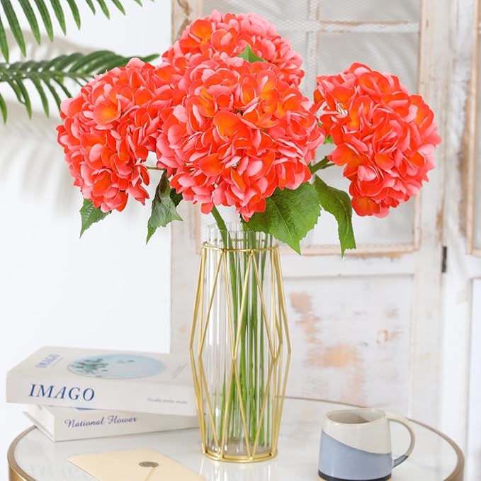 Nubry 22.44In Orange Hydrangea Artificial Flowers,4Pcs Latex Faux Real Touch Large Hydrangea Flowers with Long Stems & Leaves for Home Office Decor Wedding Party Arrangements(Orange)