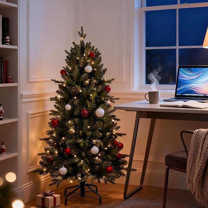 4FT Pre-Lit Artificial Christmas Tree with 628 PE&PVC Mixed Branch Tips, 200 Warm White Lights, Hinged Premium Spruce Fake Xmas Trees, Green, Foldable Base