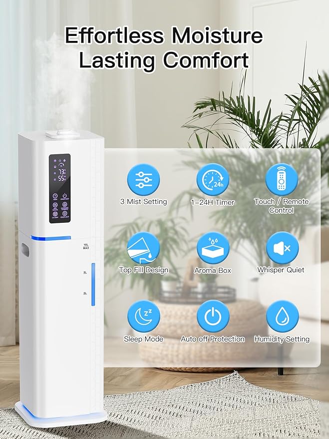 10L/2.64Gal Humidifiers for Bedroom, Top Fill Quiet Ultrasonic Cool Mist Humidifier Large Room, Covers 550ft², 60H Runtime, 24H Timer, 3 Mist Modes Humidifiers for Home, Office, Plants, White