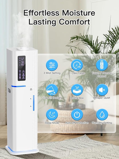 10L/2.64Gal Humidifiers for Bedroom, Top Fill Quiet Ultrasonic Cool Mist Humidifier Large Room, Covers 550ft², 60H Runtime, 24H Timer, 3 Mist Modes Humidifiers for Home, Office, Plants, White