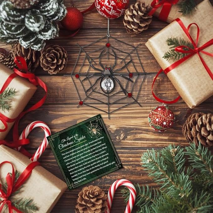 Matashi Black Spider Hanging Ornament for Christmas Tree w Clear, Red Crystals – Lucky Spider Web Decoration for Tree, Seasonal Decor Holiday Hanging Ornament Gift Inspired by Christmas Spider Legend