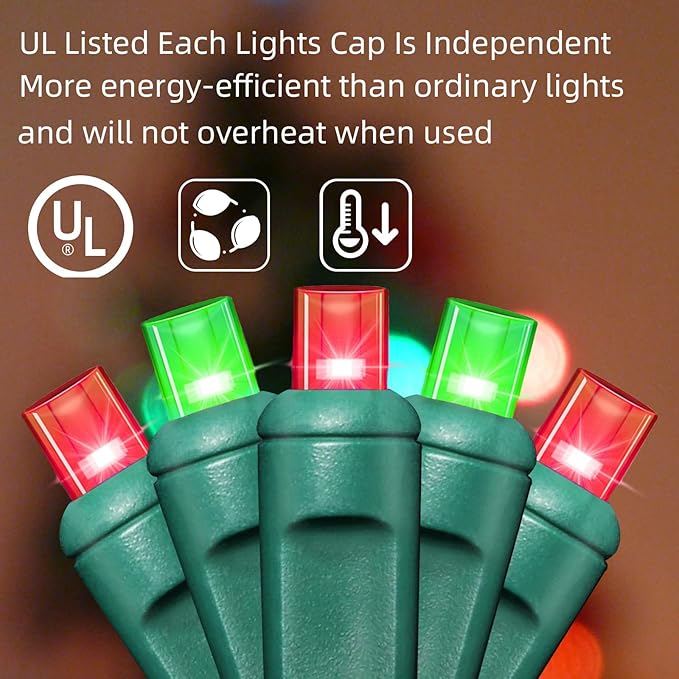 LAMPHOME 200LED (4pk of 50L) String Lights, LED Christmas Lights, 6" SPACING,Green Wire, Red and Green