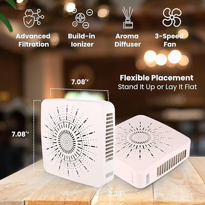 Portable Desktop Air Purifier & Fan Combo with HEPA Filter, Aroma & Ionizer – Compact Yet Powerful 3-Speed Air Cleaner for True Purification in Bedroom, Office, Travel & Gifts (White)