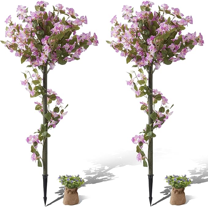4FT Artificial Bougainvillea Tree, Set of 2 Flower Plants Artificial Tree, Faux Floral Plant Blooming Bush with Spike, 48" Large Fake Tree for Indoor Outdoor Porch Decor
