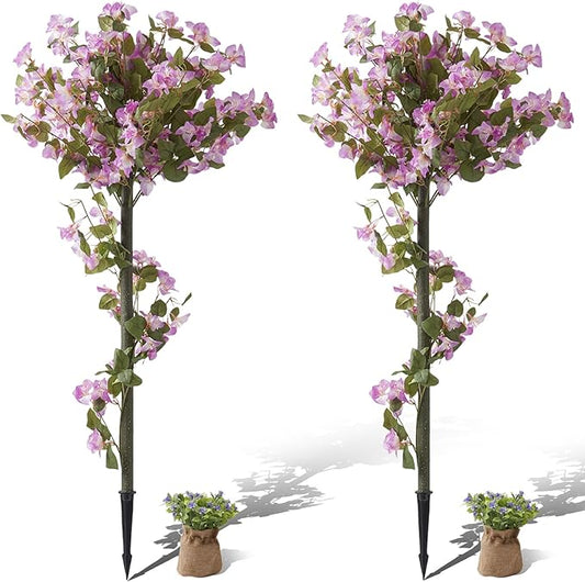4FT Artificial Bougainvillea Tree, Set of 2 Flower Plants Artificial Tree, Faux Floral Plant Blooming Bush with Spike, 48" Large Fake Tree for Indoor Outdoor Porch Decor