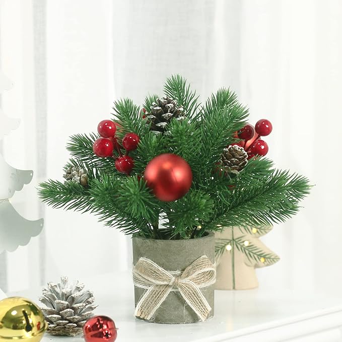 2PCS Small Christmas Tree,Tabletop Mini Xmas Tree,9" Artificial Little Potted for Christmas Decor,Suitable for Weddings, Holidays, Christmas and Other Festivals.(Star/Ball)