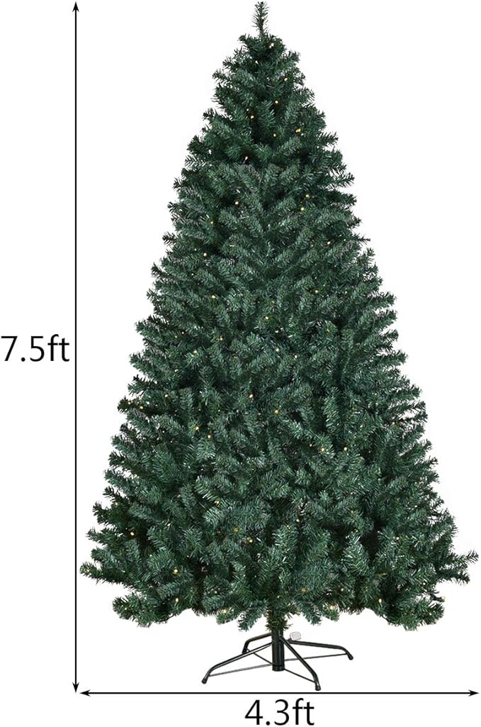 HAPPYGRILL 7.5FT Pre-lit Christmas Tree Artificial Hinged Xmas Tree for Home Holiday Décor, Metal Stand PVC Material 400 LED Lights, 1346 Branches Easy Setup & Storage