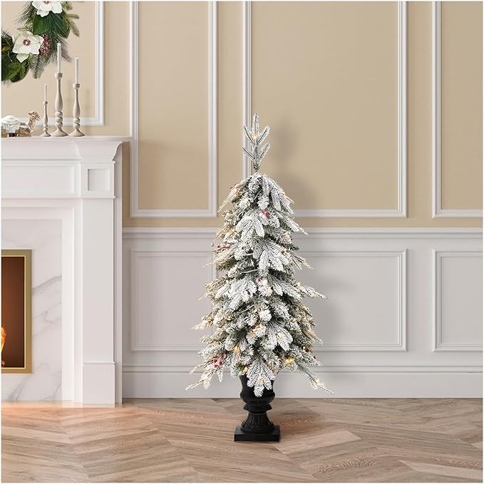 Glitzhome 4ft Christmas Tree, Small Christmas Tree Flocked Fir Potted Prelit Artificial Christmas Tree with 100 Warm White Lights and Red Berries,313 PE&PVC Branch Tips for Holiday Party Decorations