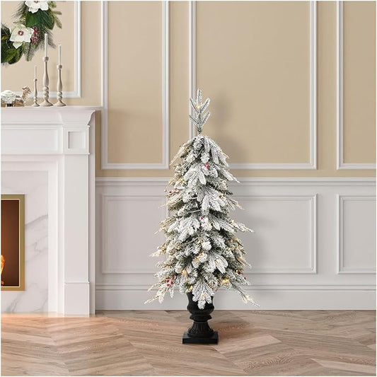 Glitzhome 4ft Christmas Tree, Small Christmas Tree Flocked Fir Potted Prelit Artificial Christmas Tree with 100 Warm White Lights and Red Berries,313 PE&PVC Branch Tips for Holiday Party Decorations