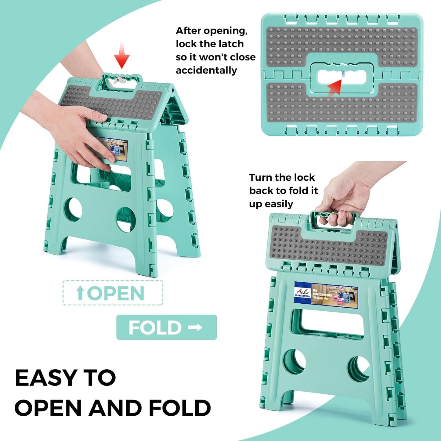 ACKO Folding Step Stool 13 Inch Stool Heavy Duty Plastic Foldable Step Stools for Kids, Stepping Stool with Handle, Folding Stool Suitable for Kitchen Hold Up to 300 LB (Teal 1PC)