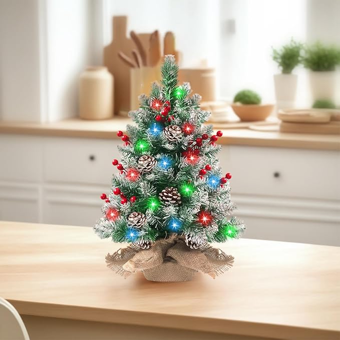 Pre-lit Mini Christmas Tree 20 Inch Small Tabletop Xmas Tree with 30 LED String Lights Locking Snow Frost Tips Berries Wood Base Ornaments Tabletop Artificial Pine Tree for Christmas Decoration