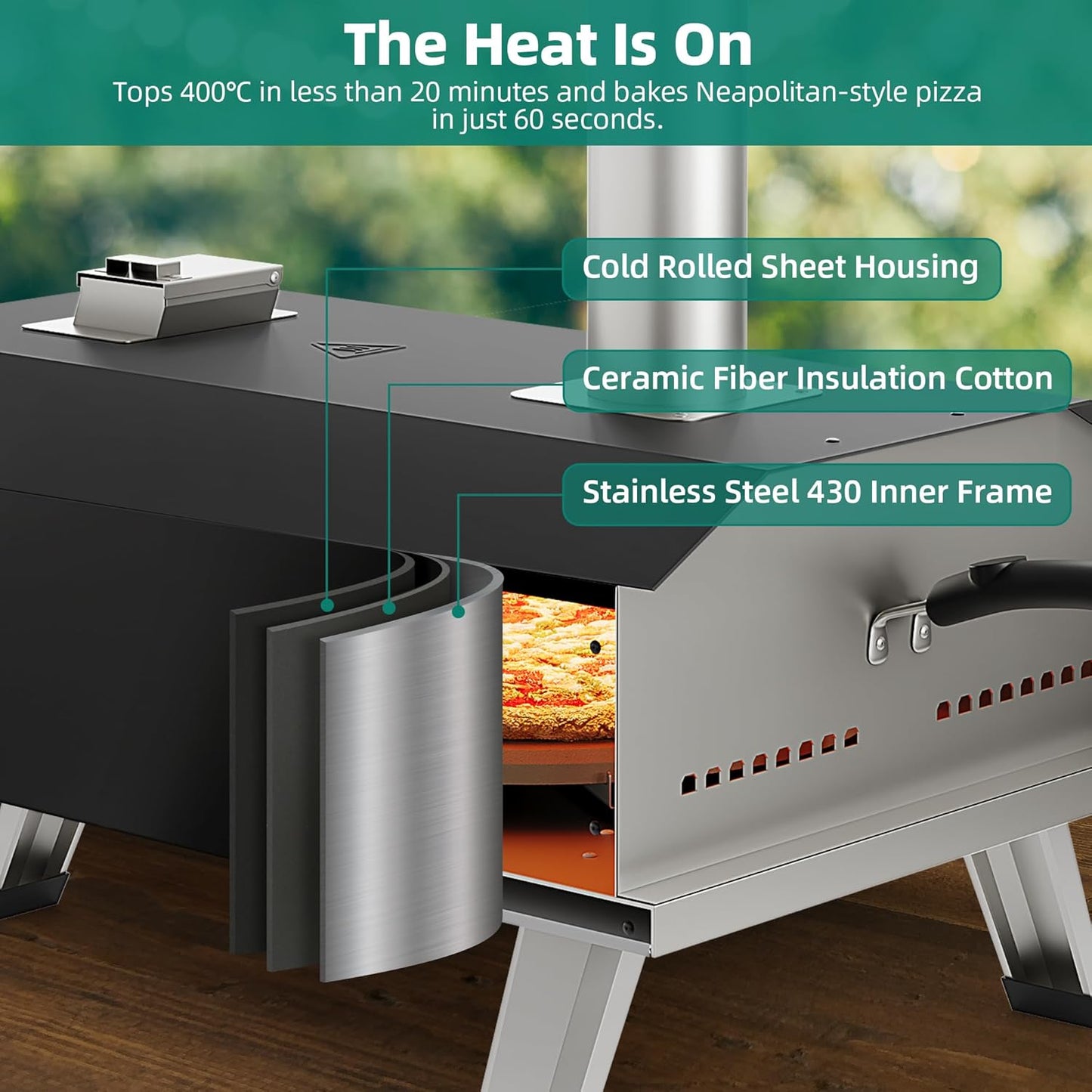 YTIAHOME Outdoor Wood Pellet Pizza Oven with Rotating, 12" Wood Fired Pizza Oven with Built-in Thermometer, Outside Pizza Stove with Peel, Stone and Recipes for Backyard Camp