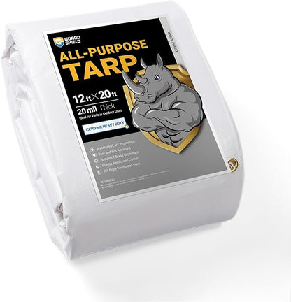 GUARD SHIELD Extreme Heavy Duty White Poly Tarp 12x20 Feet Cover Waterproof Tarps 20mil Thick UV and Tear Resistant Tarpaulin