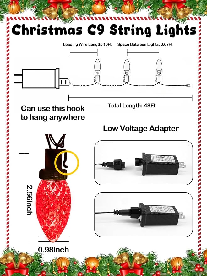 2-Pack Connectable C9 Christmas Lights Outdoor Indoor, 66 FT 100 LED Christmas String Lights Plug in with 8 Modes & Timer, Waterproof Fairy Twinkle Light for Xmas Tree Yard Decorations (Multi-colored)