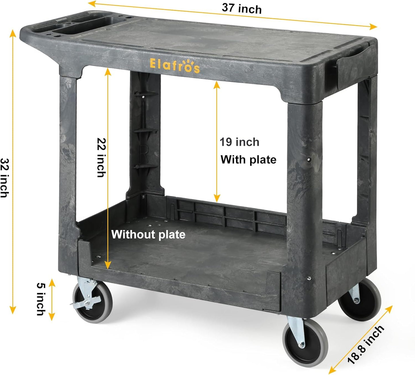 ELAFROS Heavy Duty Plastic Utility Cart Flat top 37 x 18.8 Inch - Work Cart Flat Shelves and Full Swivel Wheels Safely Holds up to 550 lbs - 2 Tier Service Cart for Warehouse,Garage, Cleaning Gray