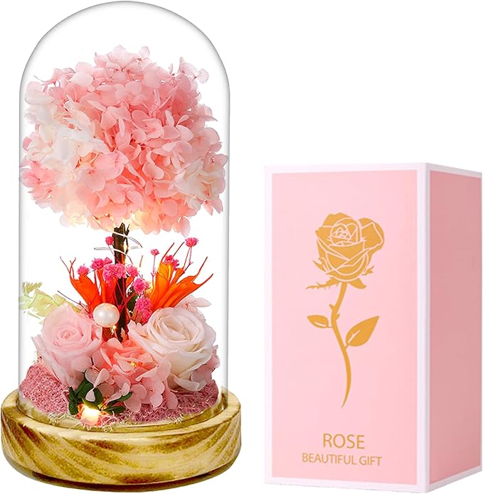 Christmas Preserved Flower Gifts with LED Lights, Pink Hydrangea and Rose Arrangement on Wood Base, 8 x 5.2 Inches, Battery Operated, No Watering Required Home Decor,All Occasions and All Festivals