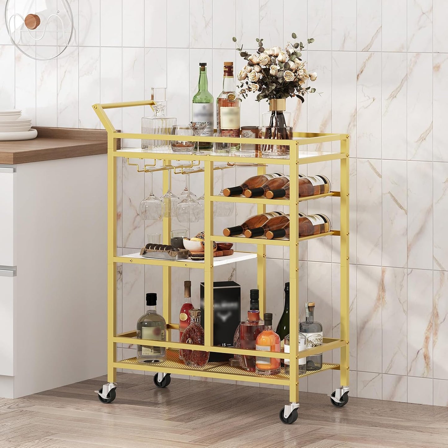 Bar Cart for Home, 3-Tier Serving Cart with Glass Top, Beverage Cart with Wine Rack and Glass Holder, Drink Cart with Wheels, for Dining Room, Living Room, Gold and White RCJM71B01