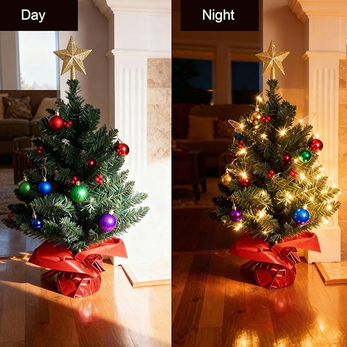 24 Inch Tabletop Christmas Tree, Artificial Mini Xmas Pine Tree with LED String Lights and Ornaments,Christmas Decoration Tree Decor-Red