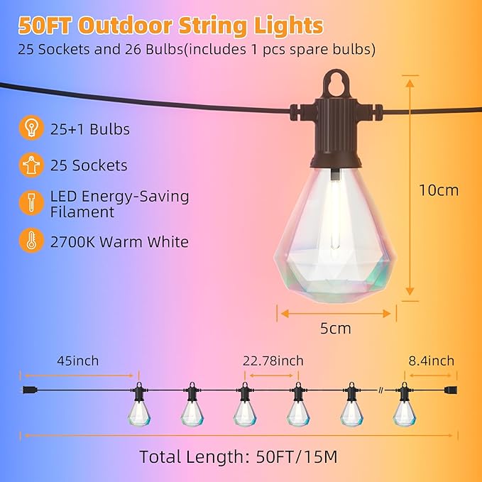 50FT Outdoor String Lights LED Patio Lights String with 25Pcs Shatterproof Diamond Bulbs IP65 Waterproof Heavy Duty LED Porch String Lights for Outside Porch Yard Garden Party Bistro