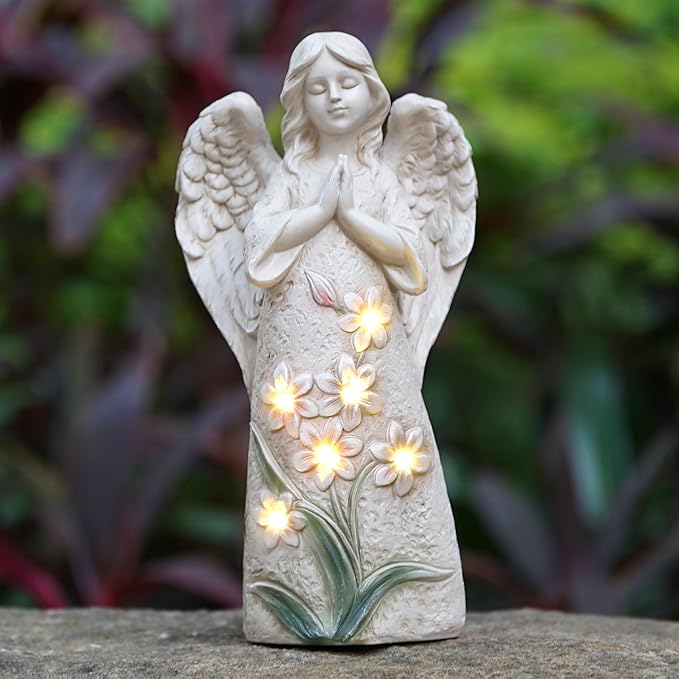 Garden Angel Statues Outdoor Decor 9.6 inches 6 LED Lights Solar Outdoor Sculptures for Outside Yard Art Patio Balcony Front Lawn Ornaments Gifts for Mom Grandma Women