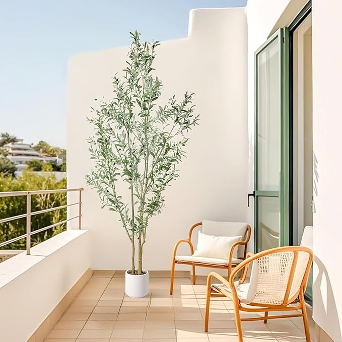Artificial Fake Olive Tree 7FT Tall 1Pack with White Planter Faux Silk Olive Tree for Home Living Room Office Decor Faux Artificial Plants Indoor with Fruit & Free Moss