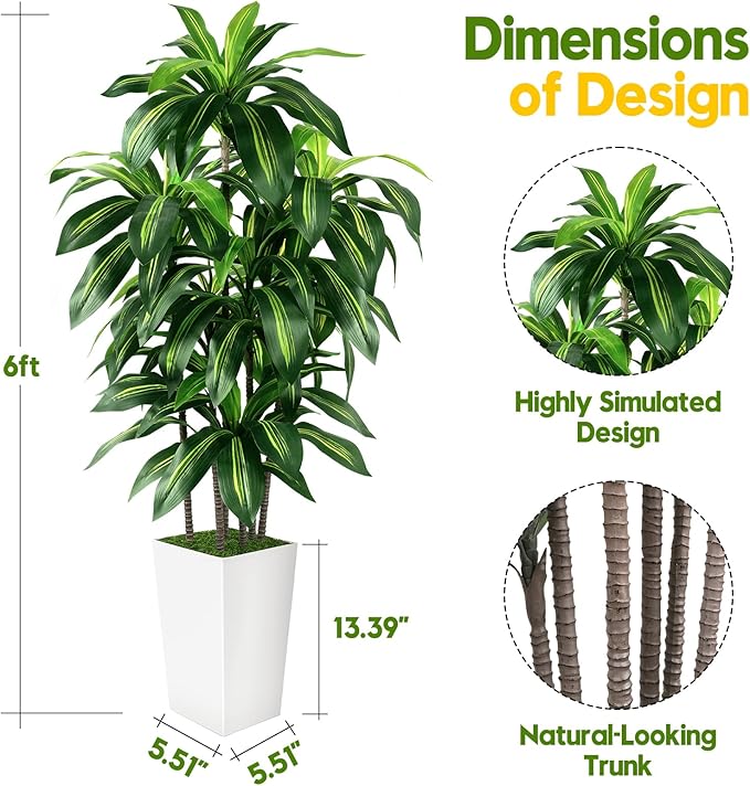 Artificial Dracaena Tree Indoor, 6FT Tall Fake Tree with White Tall Planter, Artificial Trees Fake Yucca Potted Tree for Home Office Living Room Decor, Tall Artificial Plant for Housewarming