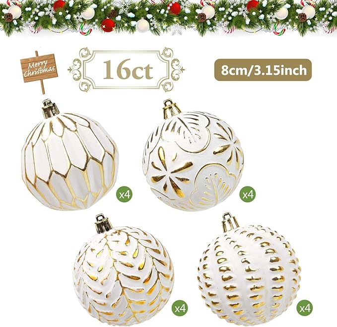 Christmas Ball Ornaments Set, 16ct 80mm Elegant White and Gold Assorted Xmas Tree Ball Ornaments, Shatterproof Christmas Tree Hanging Ornaments for Xmas Decoration