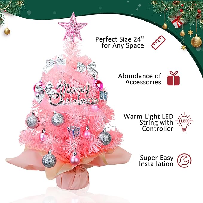 Small Mini Christmas Tree Pink with 50 LED Lghts 24 Inch /2FT Tabletop Artificial Christmas Tree Decorated Gift Boxes and Hanging Ornaments for DIY Christmas Decoration