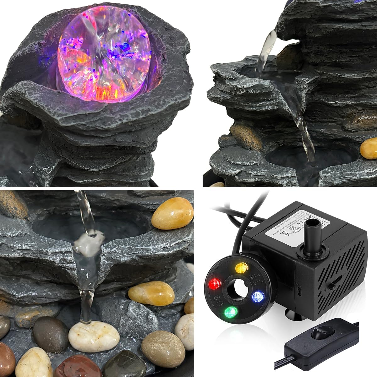 Indoor Tabletop Water Fountain Rotating Ball Rock Waterfall Fountain with Colorful Lights and Natural River Rocks, Zen Meditation for Home Office Decor