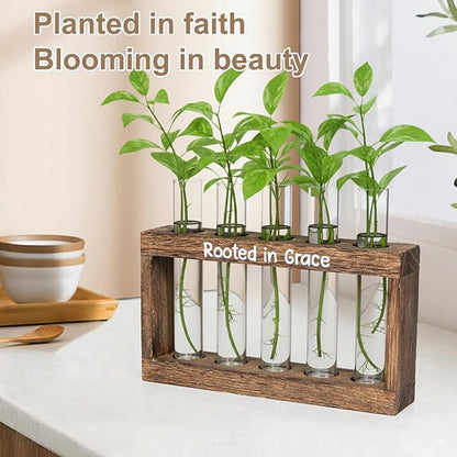 Rooted in Grace Plant Propagation Station – Wooden Stand with 5 Glass Vases, Faith-Inspired Christian Gift for Women, Indoor Plant Cutting Holder for Home, Office, Garden and Housewarming Décor