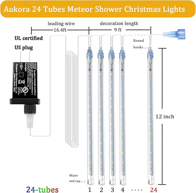 Aukora White Christmas Lights Outdoor, UL Plug 24 Tubes 576 LEDs Meteor Shower Light, Tandemable Icicle Snow Falling Rain Light for Xmas Tree Halloween Decorations Wedding Party Holiday Garden Decor