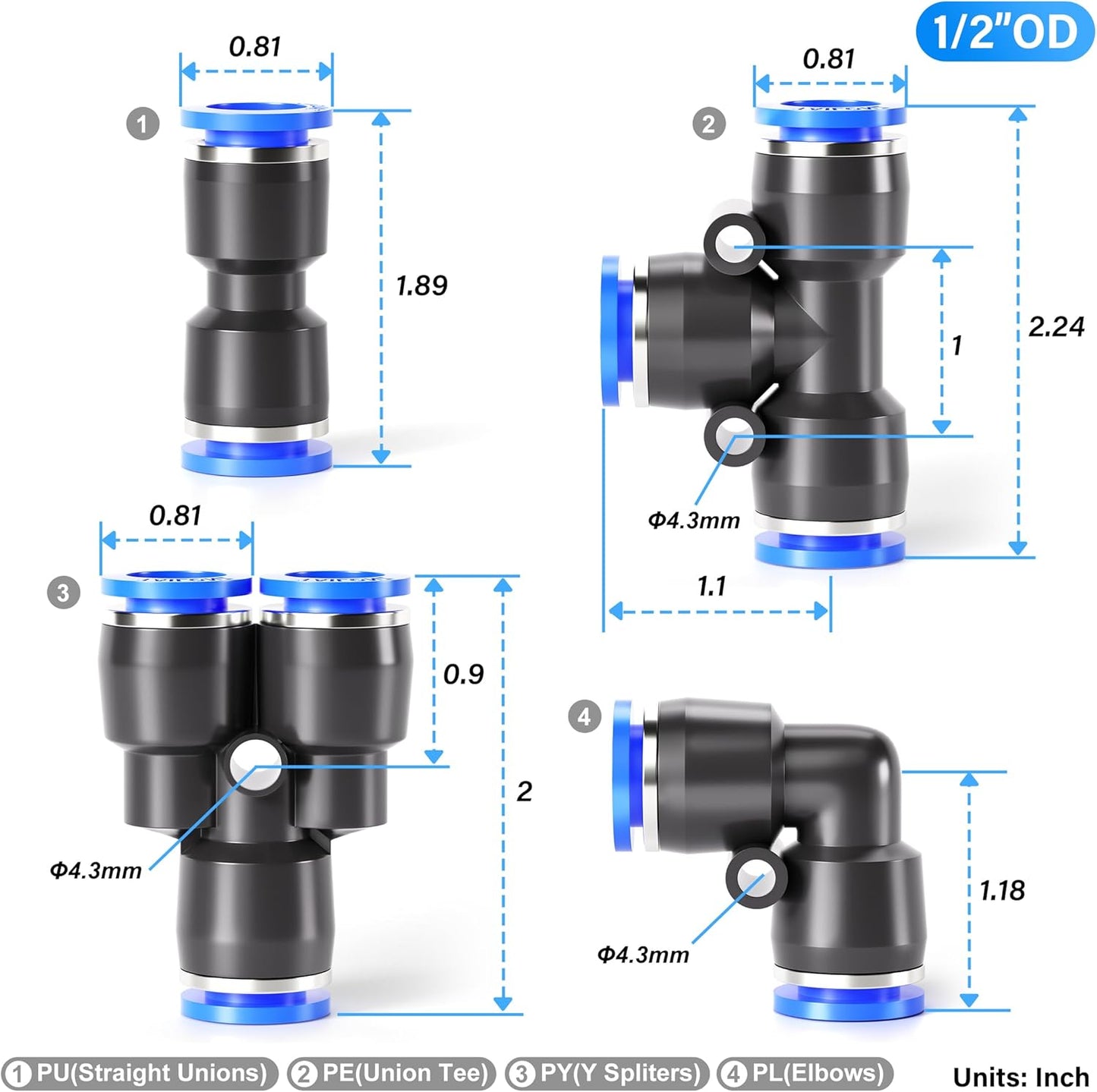 TAILONZ PNEUMATIC 1/2 Inch od Push to Connect Fittings Pneumatic Fittings kit 10 Spliters+10 Elbows+10 tee+10 Straight (40 pcs)