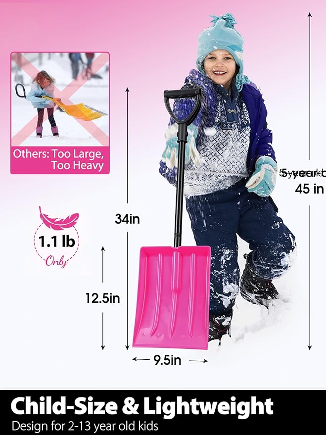 Snow Shovel Kids, Small Snow Shovel for Child Aged 2-13 Year Old, Plastic Winter Snow Removal Tool for Yard Driveway, 34 in Toddler Playing Shovels with Comfort D Handle Grip, 1 lb Lightweight, Pink