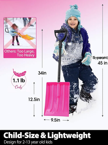 Snow Shovel Kids, Small Snow Shovel for Child Aged 2-13 Year Old, Plastic Winter Snow Removal Tool for Yard Driveway, 34 in Toddler Playing Shovels with Comfort D Handle Grip, 1 lb Lightweight, Pink