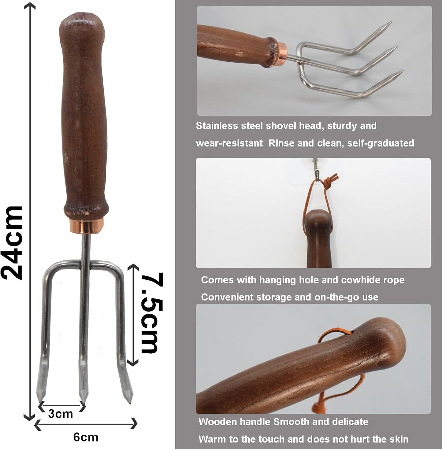 Gardening Tools - 6pc Set: Flower Spade, Digging Shovel, Weed Puller, Hand Rake & More - Stainless Steel & Wood - Brown