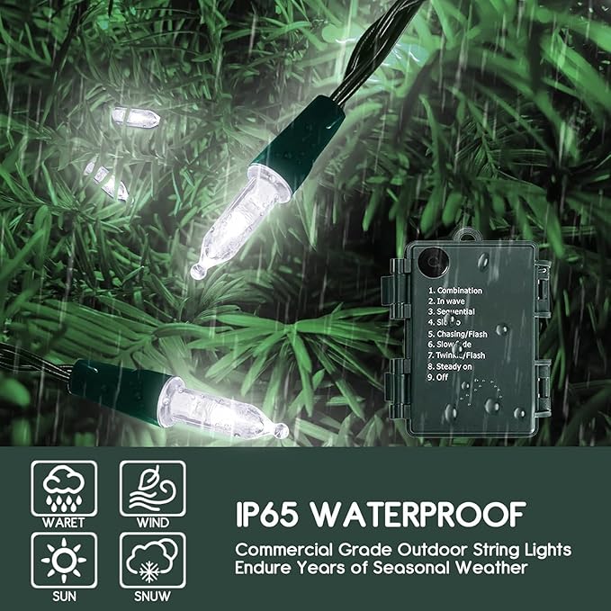 Battery Operated Christmas Lights, 33ft 100 LED Mini String Light with 8 Modes Auto-Timer, Waterproof Tree Lights for Outdoor Indoor Xmas Holiday Wreath Garden Decor, Cool White