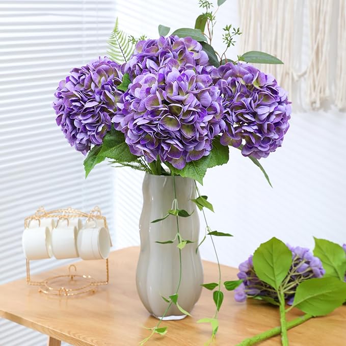 Nubry 22.44In Purple Hydrangea Artificial Flowers,4Pcs Latex Faux Real Touch Large Hydrangea Flowers with Long Stems & Leaves for Home Office Decor Wedding Party Arrangements(Purple)