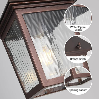 Outdoor Pendant Light, Brown Outdoor Porch Light fixtures with Anti-Rust, Coffee Exterior Hanging Lantern, Height Adjustable Outside Chandelier with Water Glass for House Patio Garage