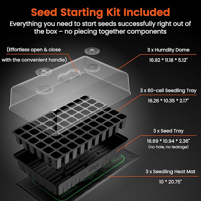 SOLIGT 3 Set 60-Cell Seed Starter Kit - Strong Seed Trays with Humidity Domes, Cell Trays and Seedling Heat Mats - Cloning, Propagation and Germination Station