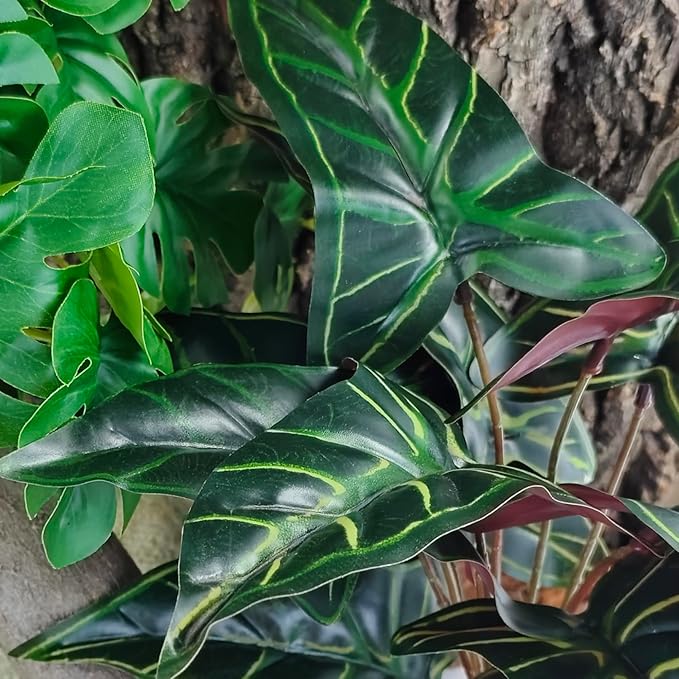 Woyrise Reptile Artificial Plants for Terrarium Decor, Amphibian Habitat Decorations Bearded Dragon Tank Accessories fit Crested Gecko Leopard Lizard Chameleon Ball Python Snake Frog - Fake Alocasia