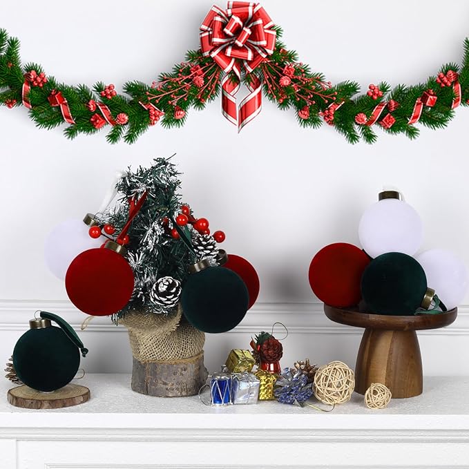 12 Pcs Velvet Christmas Balls Bulk Shatterproof Plastic Christmas Tree Decorations for Decorative Hanging Baubles (12, Wine red、Blackish Green、White, 3.94Inch)