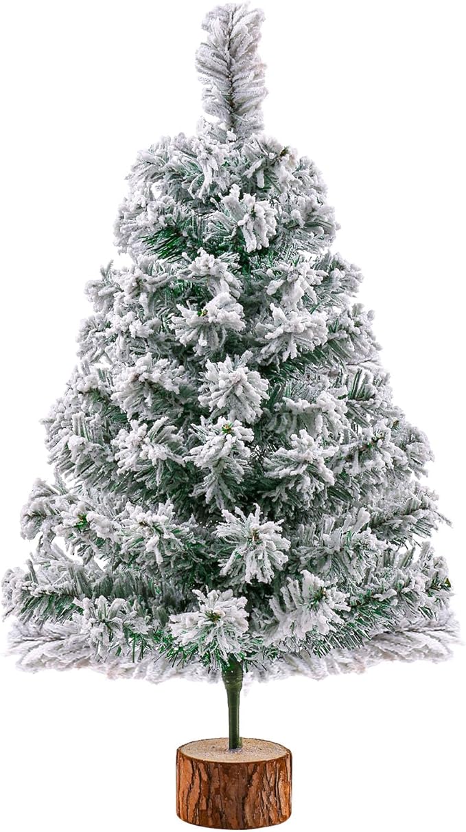 2Ft Artificial Christmas Tree Green Tabletop Christmas Tree with Snow Flocked Mini Xmas Pine Tree with Wooden Stand for Indoor Outdoor Holiday Home Decoration