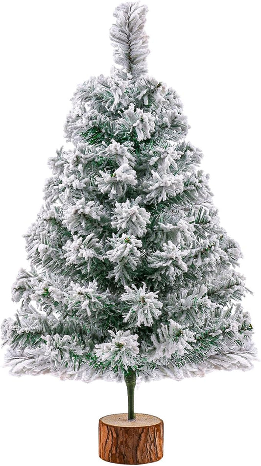 2Ft Artificial Christmas Tree Green Tabletop Christmas Tree with Snow Flocked Mini Xmas Pine Tree with Wooden Stand for Indoor Outdoor Holiday Home Decoration