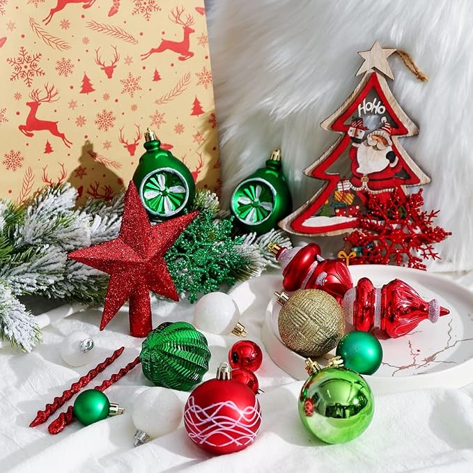 XmasExp 99-Pack Christmas Ball Ornaments Assorted Shatterproof Christmas Tree Decorations with Hand-held Gift Package for Xmas Tree,Home,Party(Green-Gold)