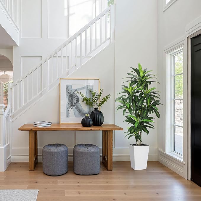 Artificial Dracaena Plant 6ft with White Tall Planter, Potted Artificial Dracaena Silk Plant, Fake Yucca Tree Plant, Home Office Floor Room Decor Plants Indoor Outdoor, Housewarming Gift