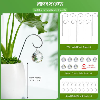 HDCRYSTALGIFTS 9 Pieces 30mm Crystal Ball Prisms Suncatchers with 7.5’’ Small Trellis for Mini Potted Plants Accessories Indoor Fairy Garden Sun Catchers Gift for Plant Lovers (Sliver Stakes)