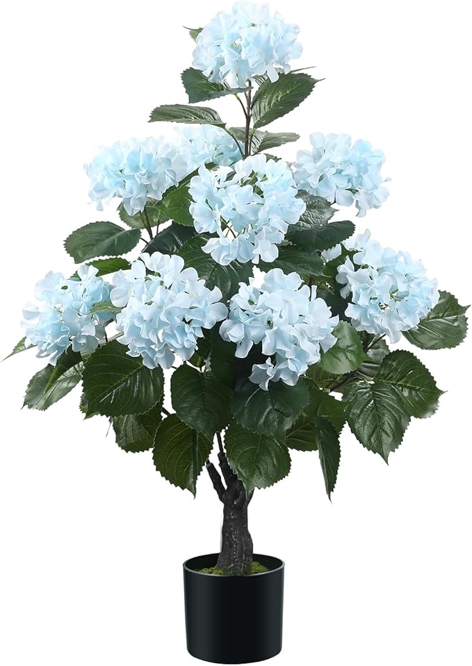 Romantic Season 38" Artificial Hydrangea Tree in Pot, Faux Potted Silk Hydrangea Plant for Indoor Outdoor Decoration, Lifelike Artificial Flower Tree for Home, Office, Patio, Garden Decor, Blue