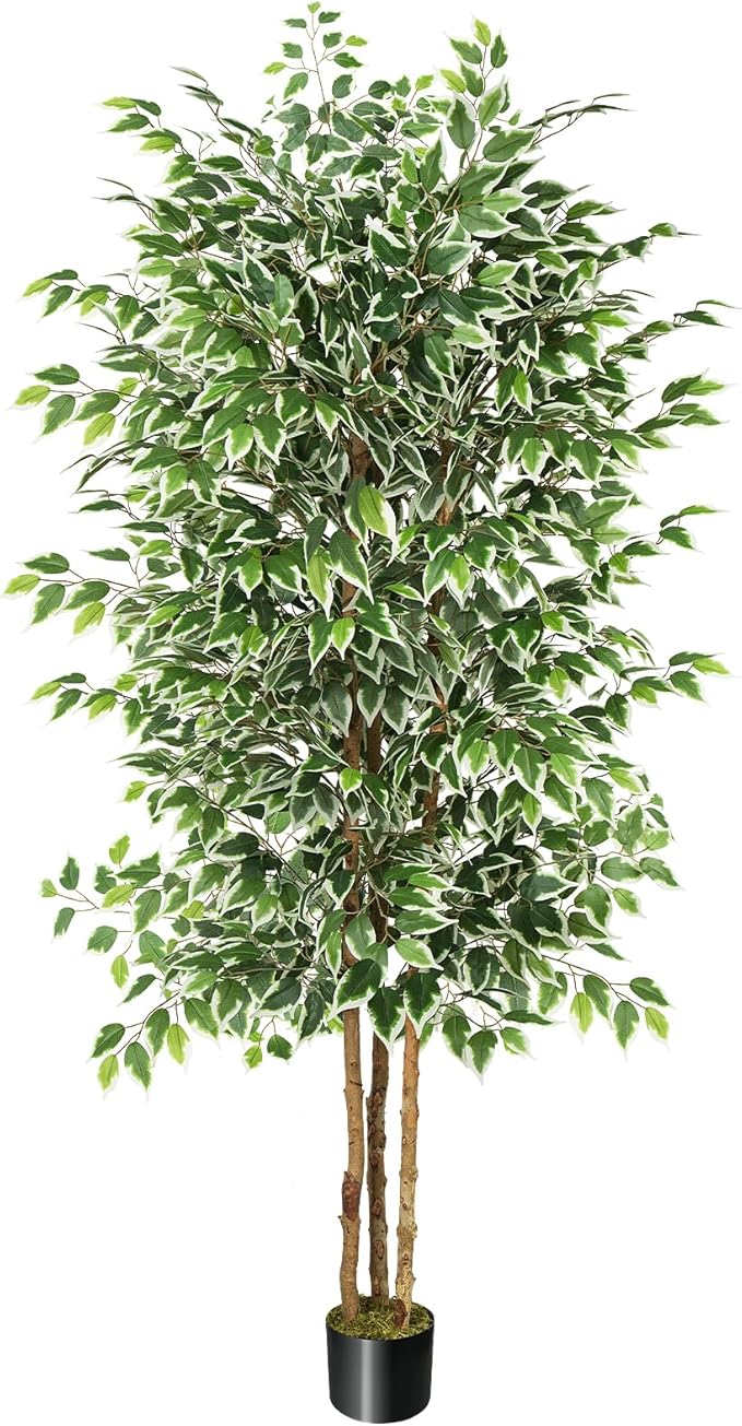 GTIDEA 7ft Ficus Artificial Trees, Tall Faux Trees Indoor with Natural Trunk and Fake Silk Tree Fake Plants for Home Decor Living Room Outdoor Balcony House Office (Included Dried Moss)