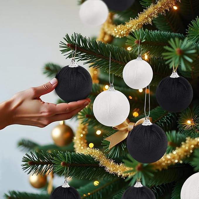 Woration 15pcs 2.36inch Velvet Christmas Ornaments Balls Set Xmas Tree Hanging Decoration Shatterproof Balls for Home Party Holiday (White, Black)