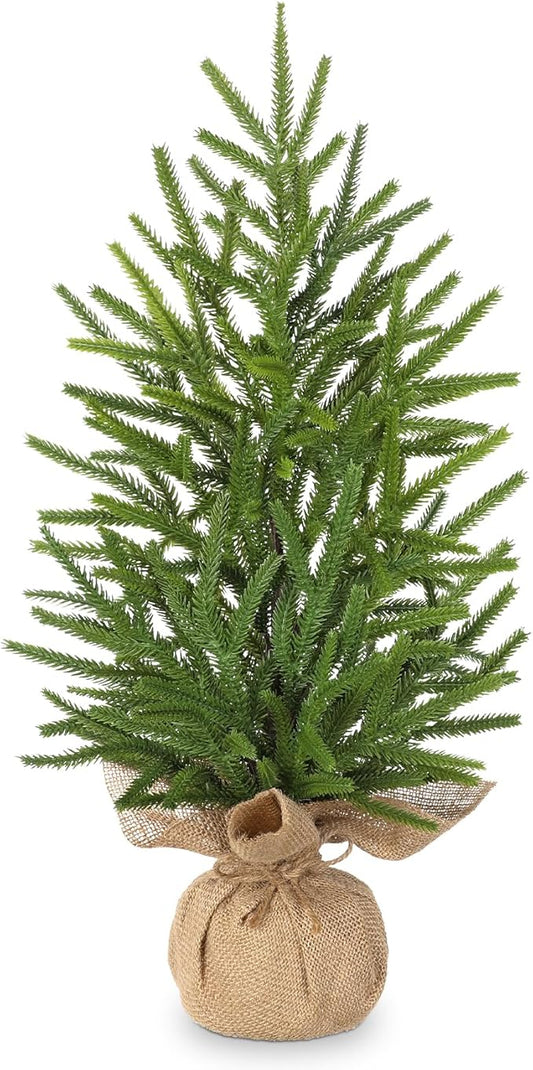 Artificial Mini Christmas Tree Tabletop - 21.6" Small Xmas Norfolk Pine Tree with Burlap Weighted Base Miniature Christmas Decor Centerpiece for Home Kitchen Holiday Party Farmhouse Desktop Indoor